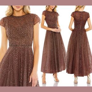 NWT $698 Mac Duggal [ 8 ] Embellished Cap Sleeve A Line Dress in Chocolate G1969